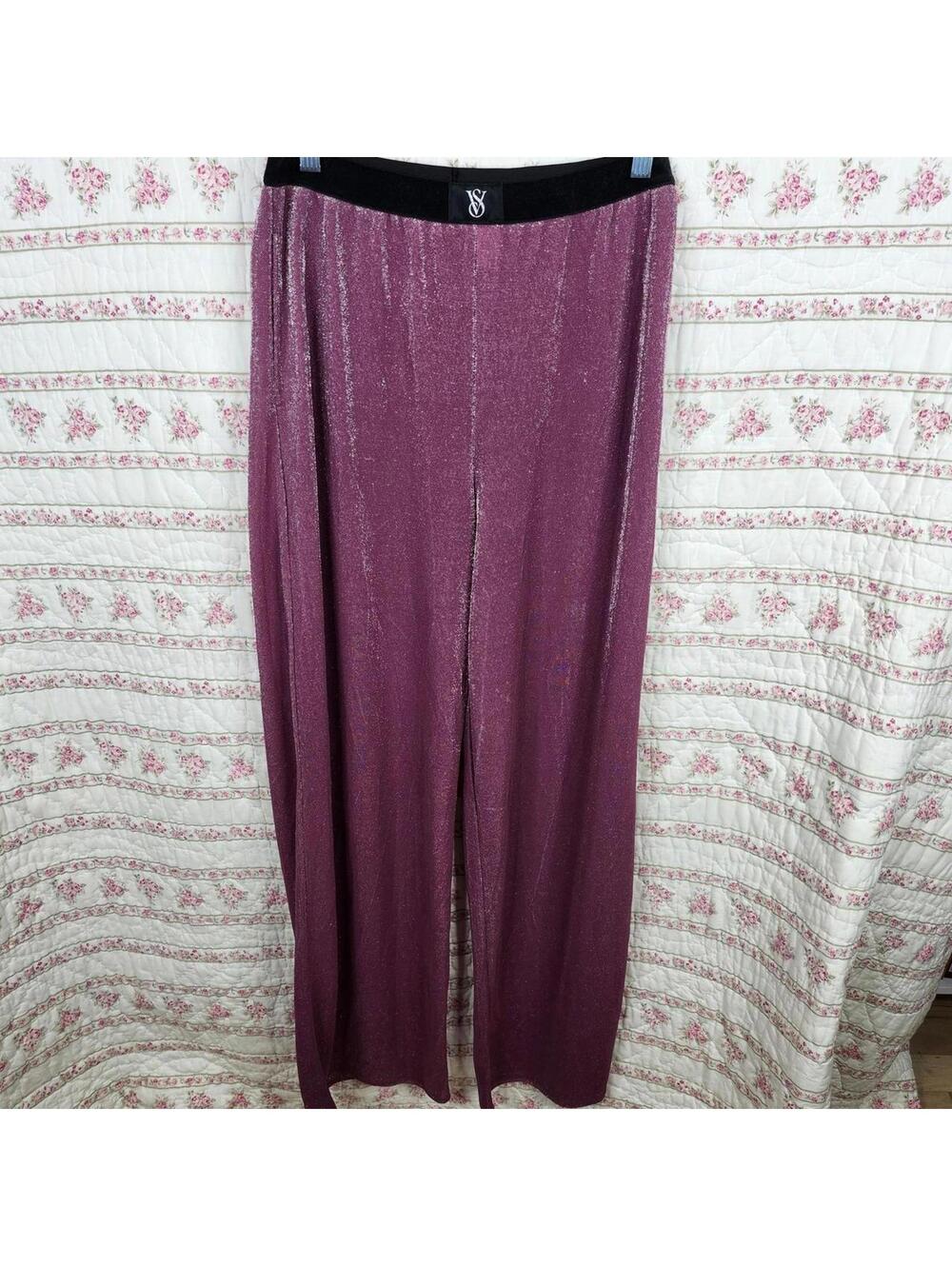 Victoria's Secret Purple Metallic Wide Leg Lounge Pants Black Waistband M